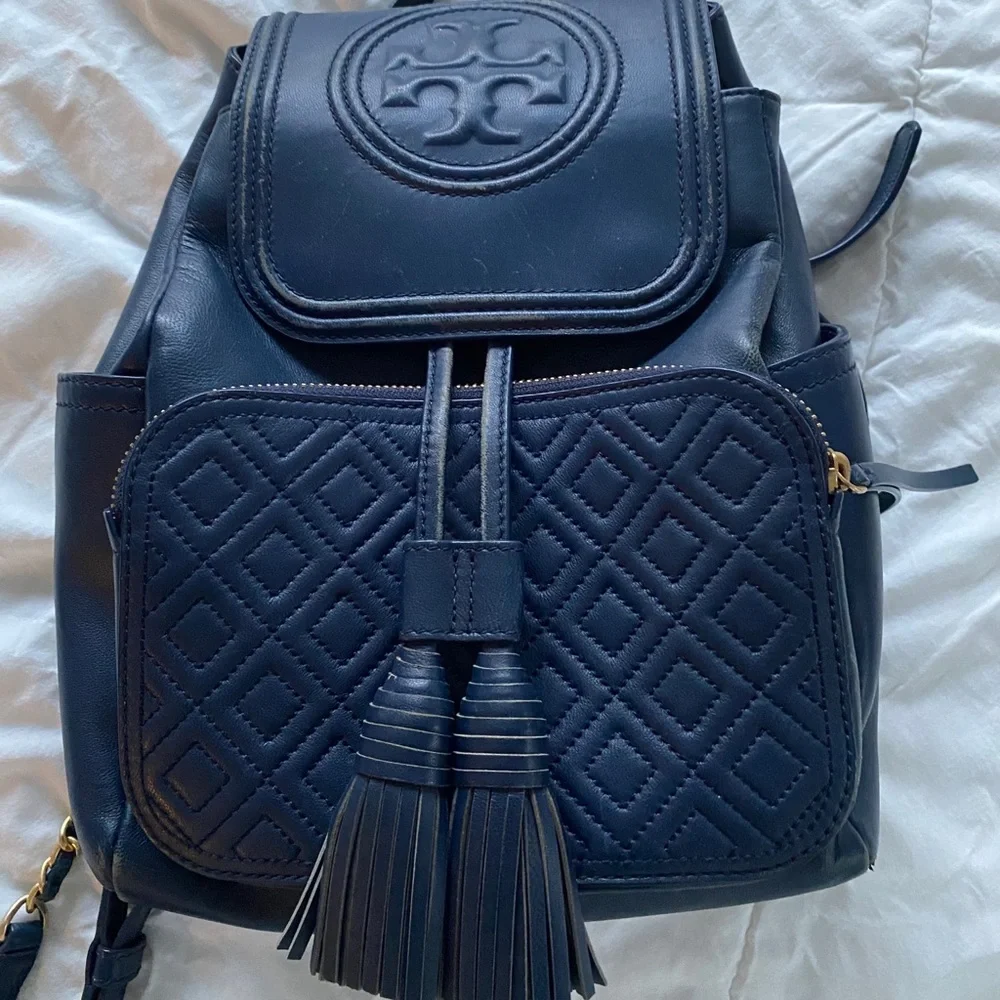 Tory Burch Blue Quilted Backpack with Tassel Detail - Picture 1 of 6